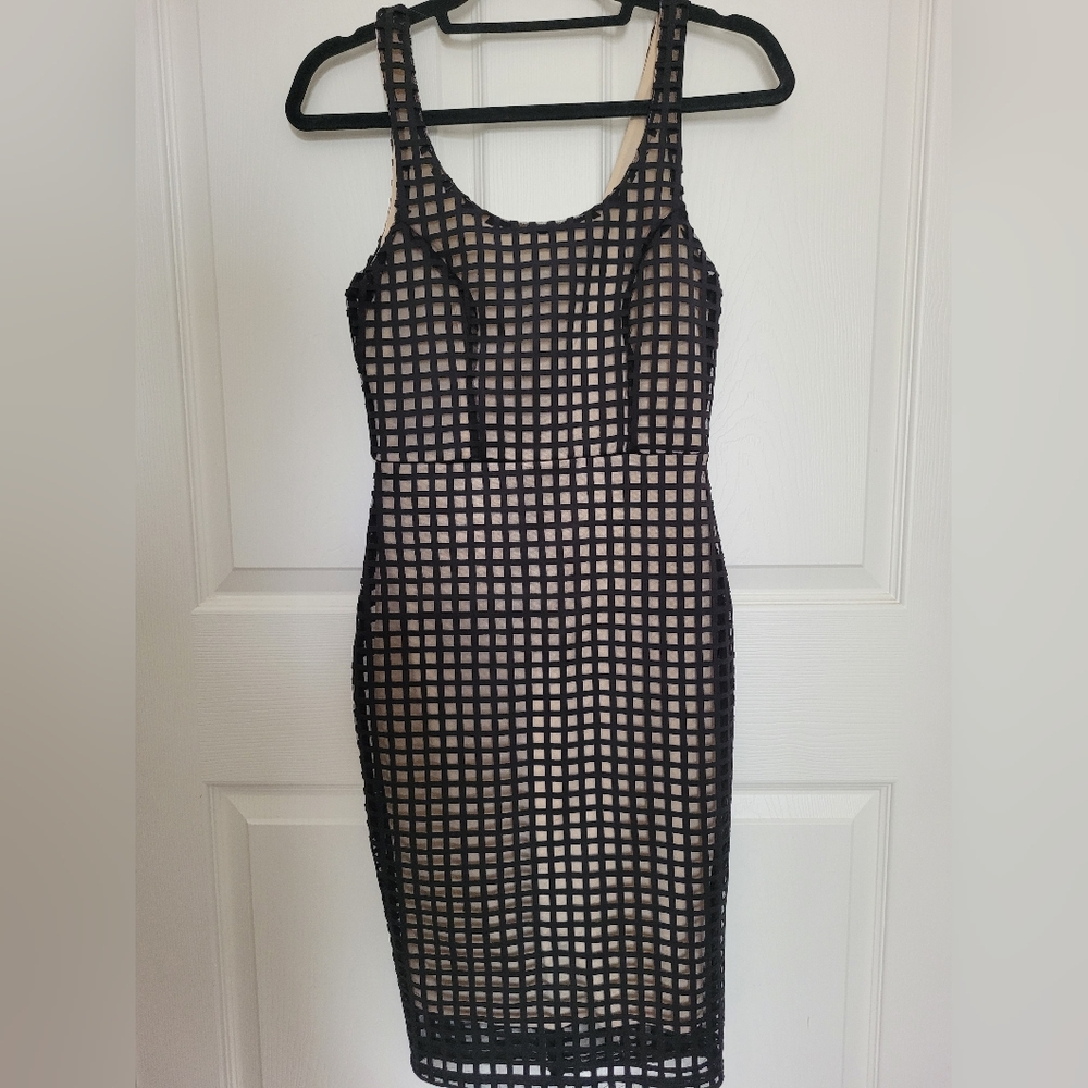 AKIRA Black Grid Midi Dress with Nude Lining
